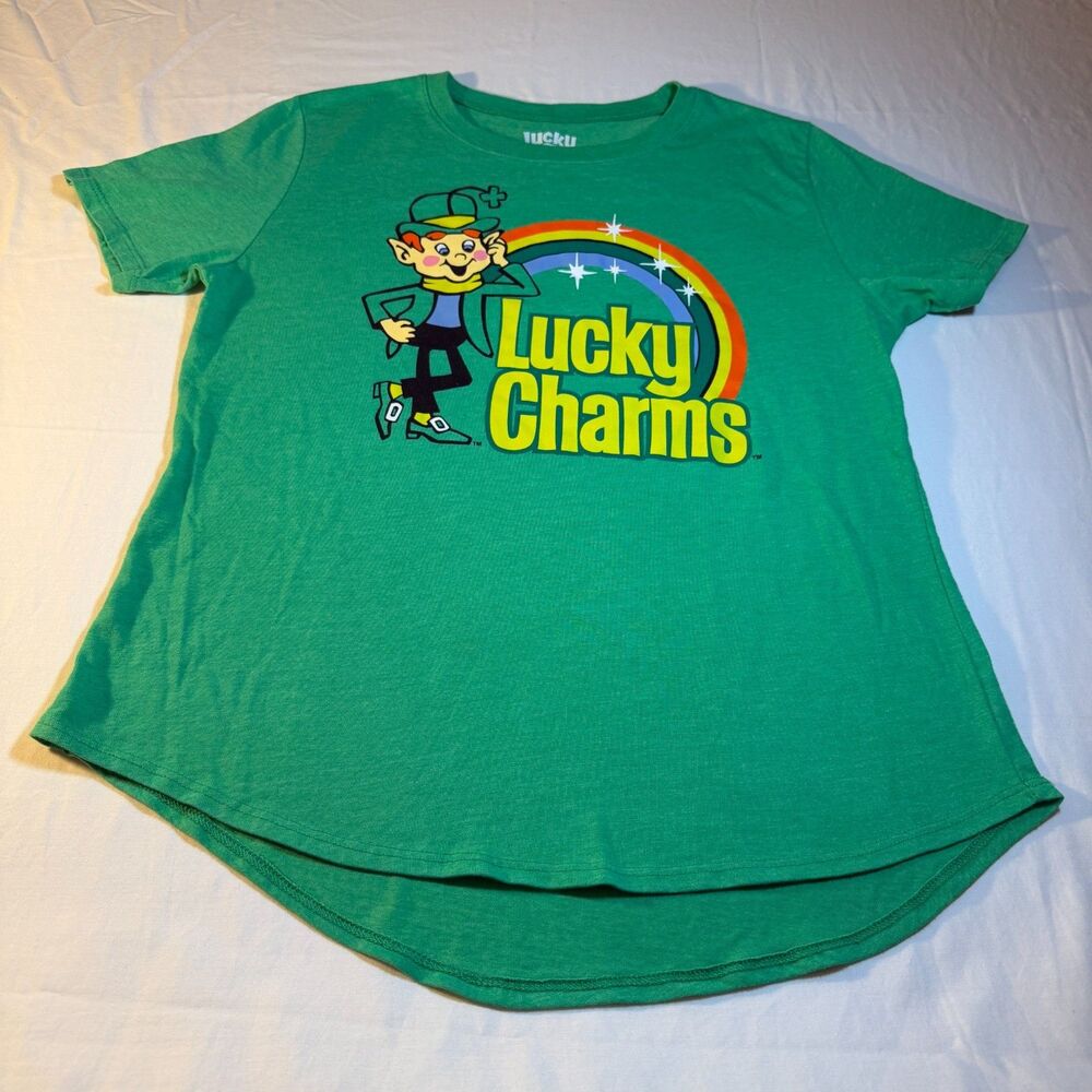 L/G (11/13) Lucky Charms Graphic Tee Juniors Green Poly Cotton St Patrick